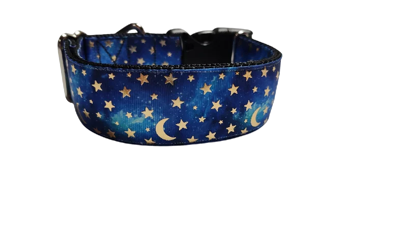 Lavender-scented waste bags-1.5" Wide Blue Stars and Moons Nylon Dog Collar