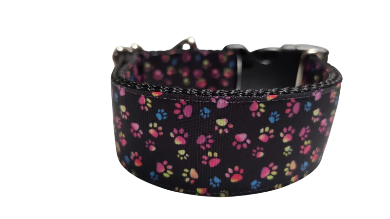 Fitted pet crate cushion-1.5" Wide Colorful Pawprints Nylon Dog Collar