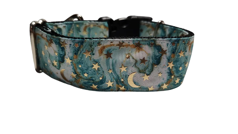 Vacuum-seal pet food jar-1.5" Wide Light Blue Stars and Moons Nylon Dog Collar