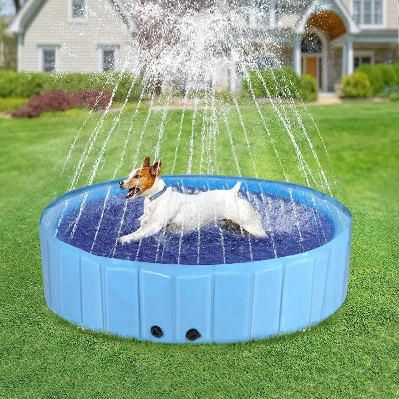 Floating rubber pet ball-Dog Swimming Pool: Heavy Collapsible Dog Pet Swimming Pool with Spray Sprinkler Pet Bathing Tub for Outside Backyards, Kids Pets Dogs Cats