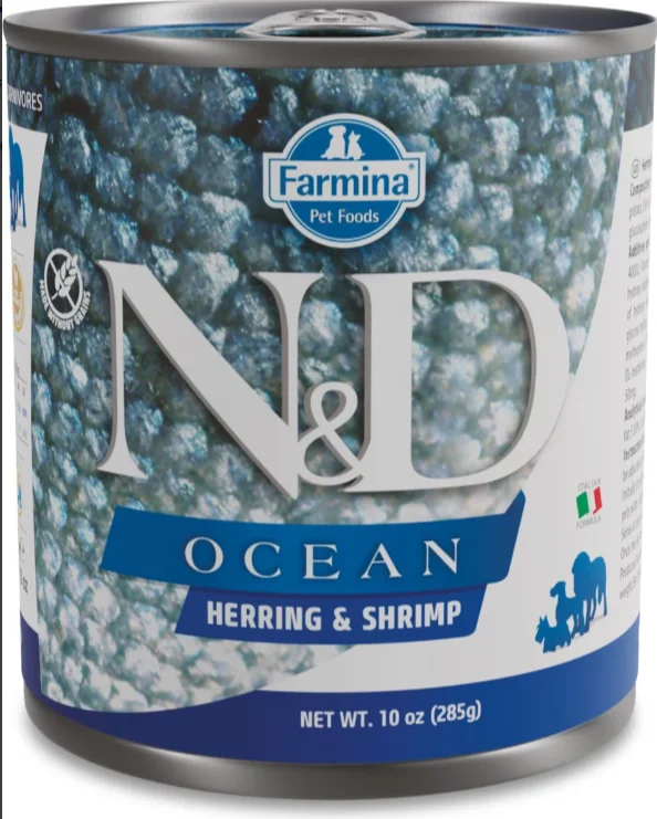 Hidden-treat dog puzzle-Farmina Natural & Delicious Ocean Herring and Shrimp Canned Adult Dog Food