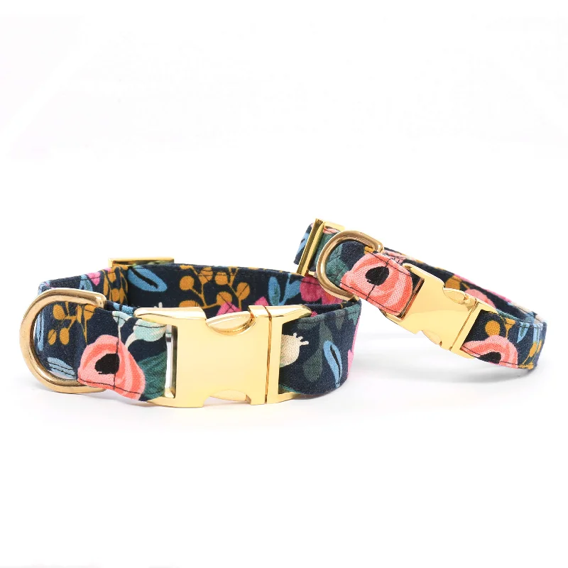 Swivel-clip pet leash-Floral Navy Dog Collar