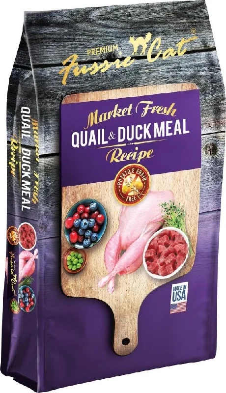 Heavy-duty pet stake-Fussie Cat Market Fresh Grain Free Quail & Duck Meal Recipe Dry Cat Food