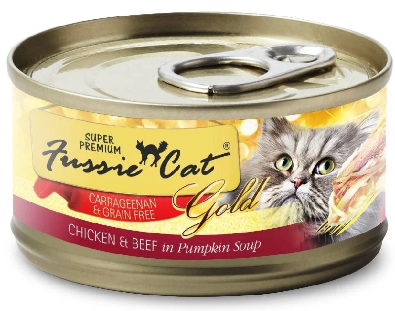 Floating rubber pet ball-Fussie Cat Super Premium Grain Free Chicken & Beef in Pumpkin Soup Canned Cat Food