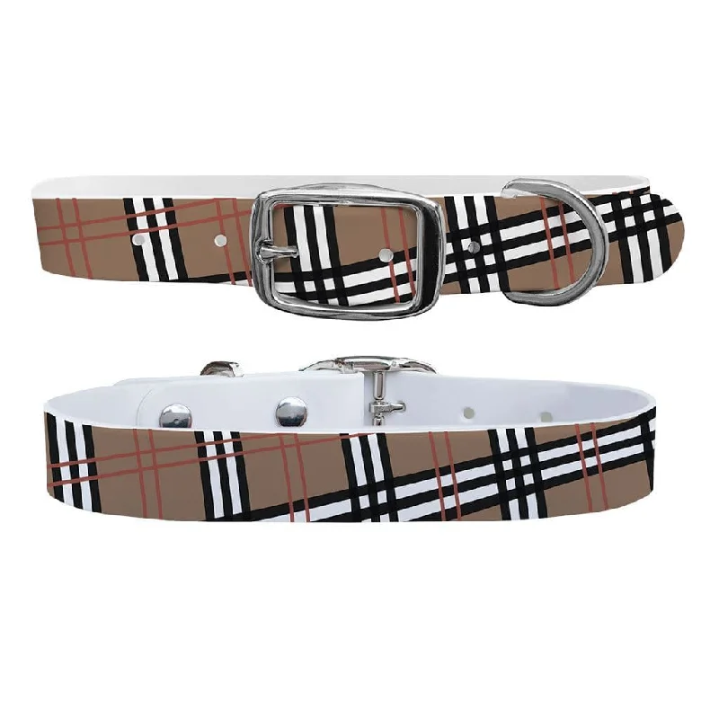 Portable puppy play yard-Khaki Plaid Dog Collar With Silver Buckle