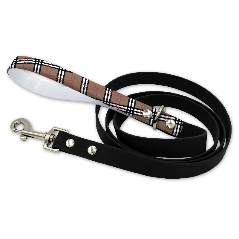 Solid rubber pet disc-Khaki Plaid Waterproof Leash With Silver Snap Hook