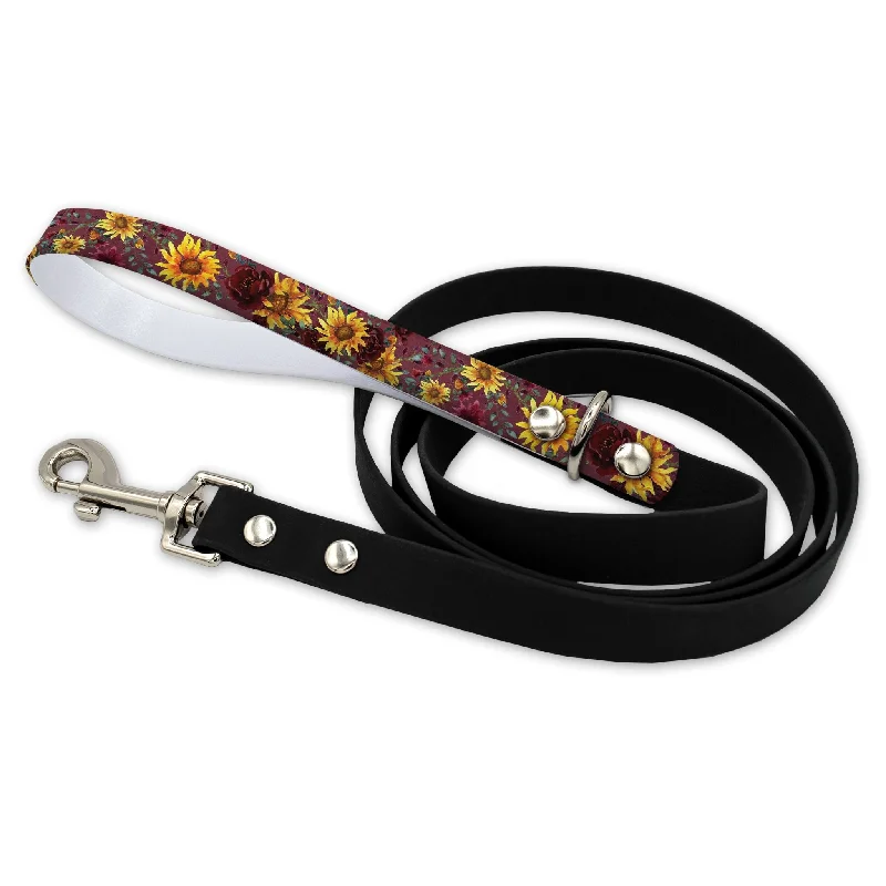 Plush puppy rest pad-Merlot Sunflowers Waterproof Leash With Silver Snap Hook