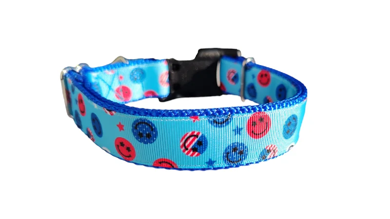 Curved puppy feeding tray-Patriotic Smiley Faces Nylon Dog Collar