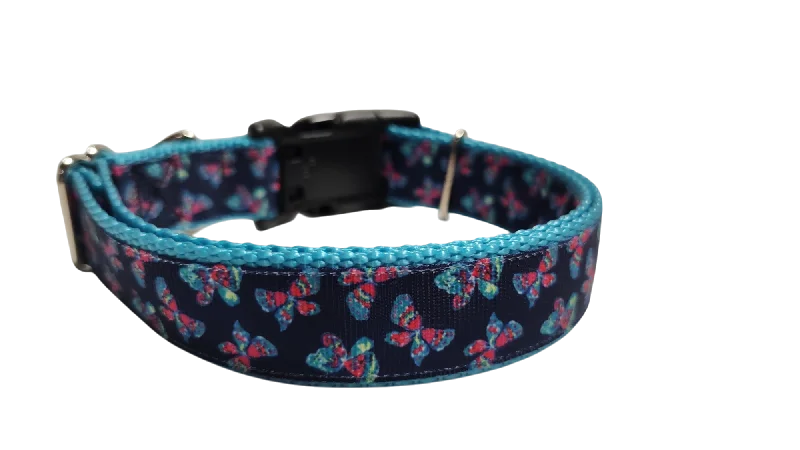 Soft-tone pet training whistle-Pink and Blue Butterflies Nylon Dog Collar