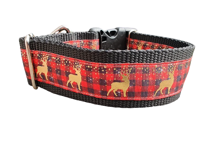 Compact cat litter tray-Red Plaid Deer 1.5" Wide Nylon Dog Collar