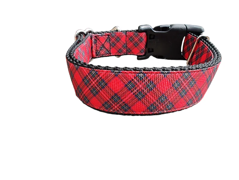 Insulated dog rest kennel-Red Tartan Plaid Nylon Dog Collar