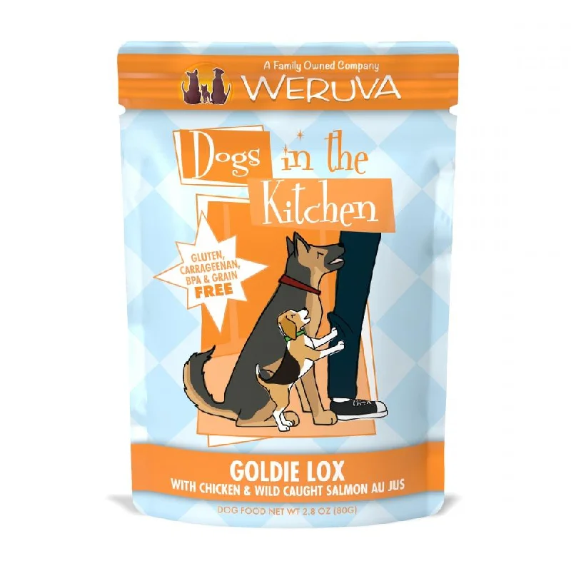 Spinning puppy treat ball-Weruva Dogs in the Kitchen Goldie Lox Grain Free Chicken and Salmon Dog Food Pouches