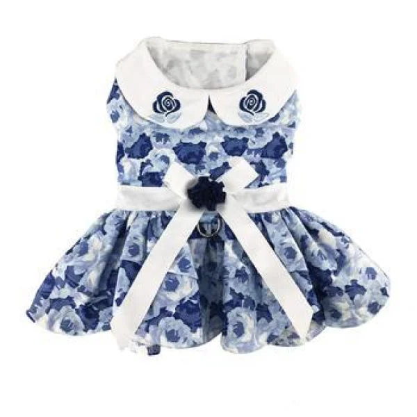 Checkered pet neck scarf-Blue Rose Harness Dog  Dress with Matching Leash